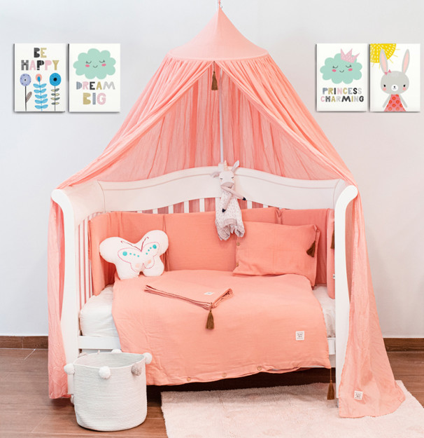 Σετ προίκας μωρού Μουσελίνα FUNNA BABY Coral Pink (σετ παπλωματοθήκης + κουνουπιέρα + πάντα)